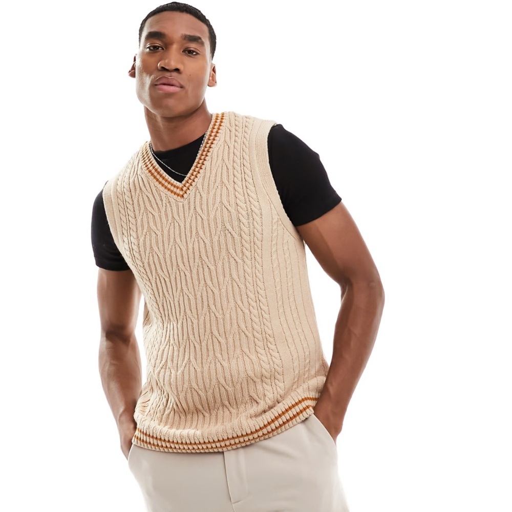 ASOS DESIGN knitted v neck tank vest cable knit cream with tan tipping men’s XS